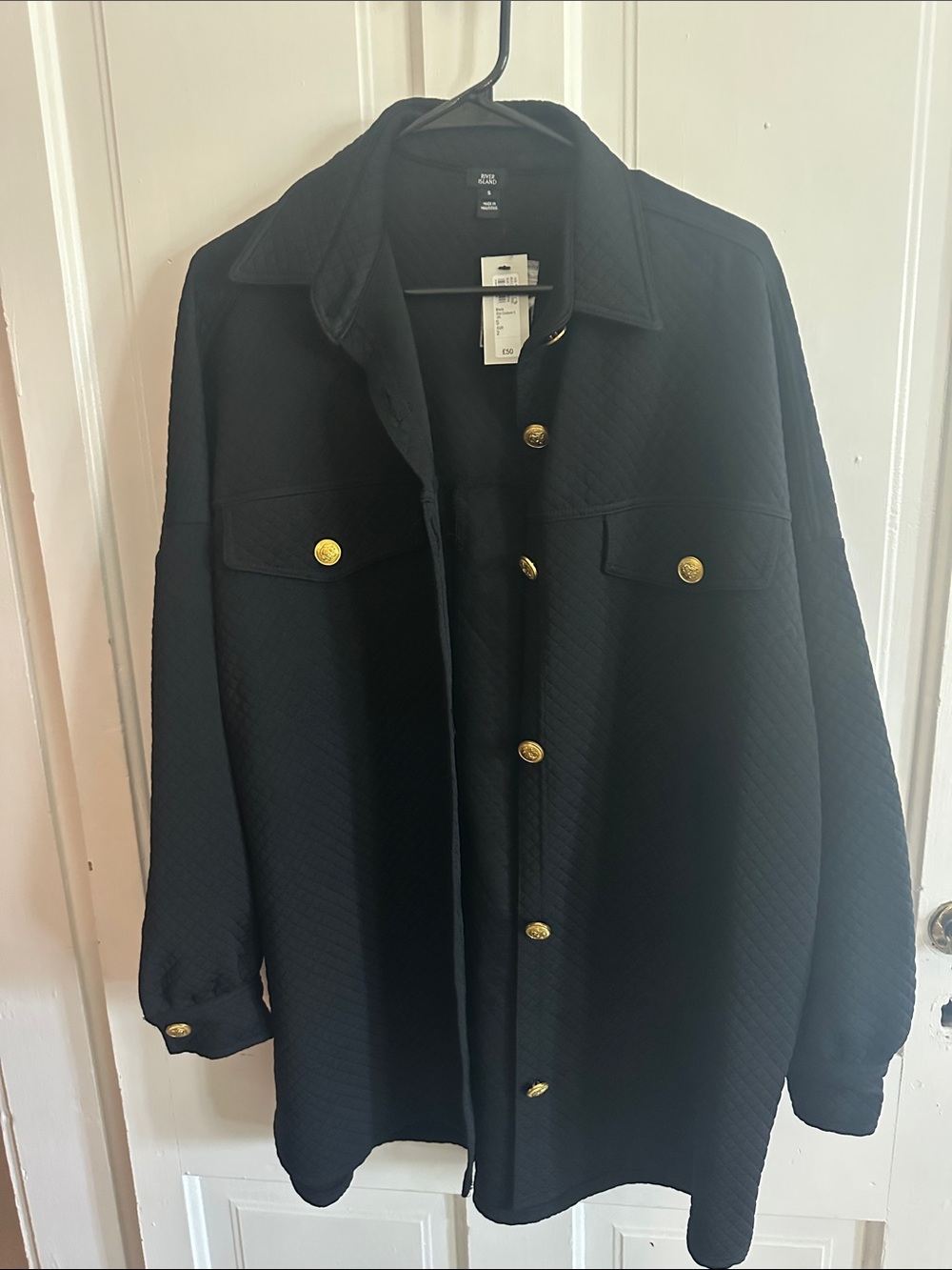 River Island Black Quilted Overshirt with Gold Buttons